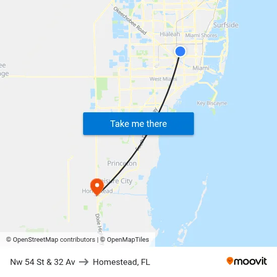 Nw 54 St & 32 Av to Homestead, FL map