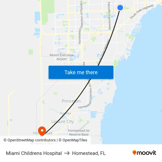 Miami Childrens Hospital to Homestead, FL map