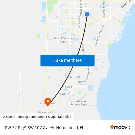 SW 72 St @ SW 107 Av to Homestead, FL map