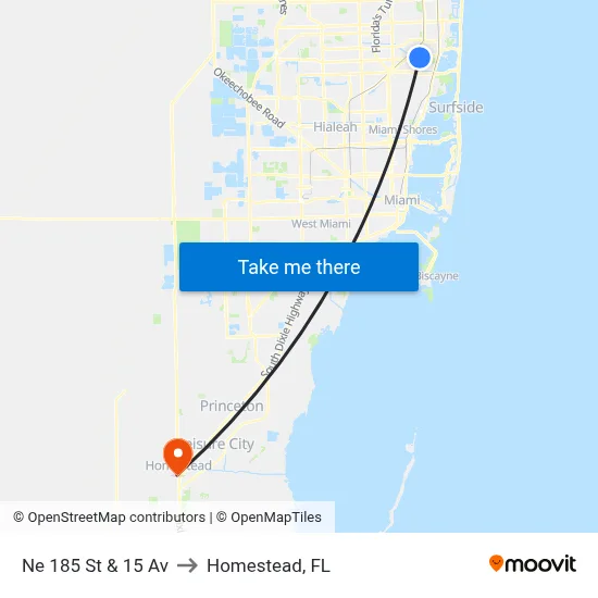 Ne 185 St & 15 Av to Homestead, FL map
