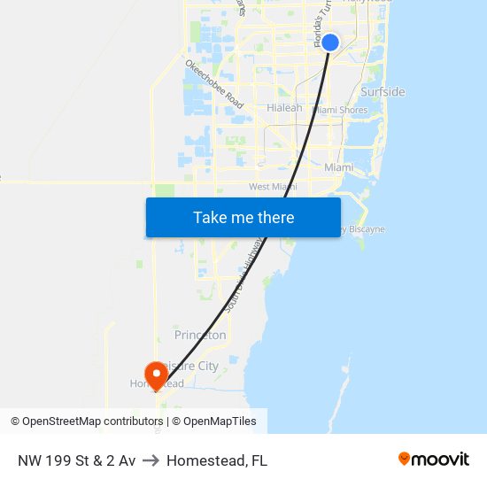 NW 199 St & 2 Av to Homestead, FL map