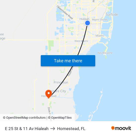 E 25 St & 11 Av Hialeah to Homestead, FL map