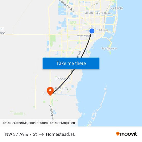 NW 37 Av & 7 St to Homestead, FL map
