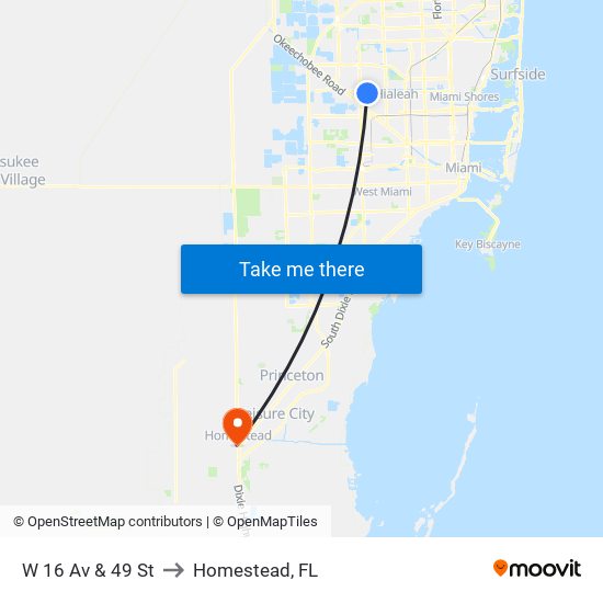 W 16 Av & 49 St to Homestead, FL map