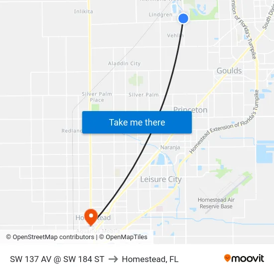 Sw 137 Av @ Sw 184 St to Homestead, FL map