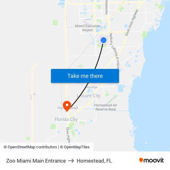 Zoo Miami Main Entrance to Homestead, FL map