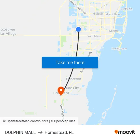 Dolphin Mall to Homestead, FL map