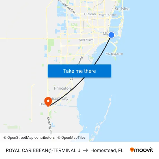 Royal Caribbean@terminal J to Homestead, FL map