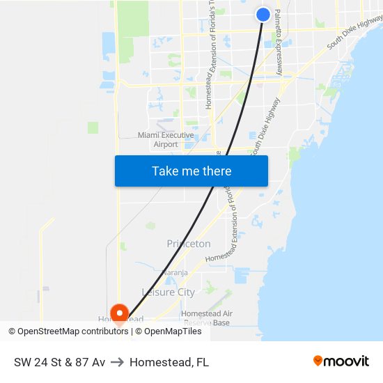 SW 24 St & 87 Av to Homestead, FL map