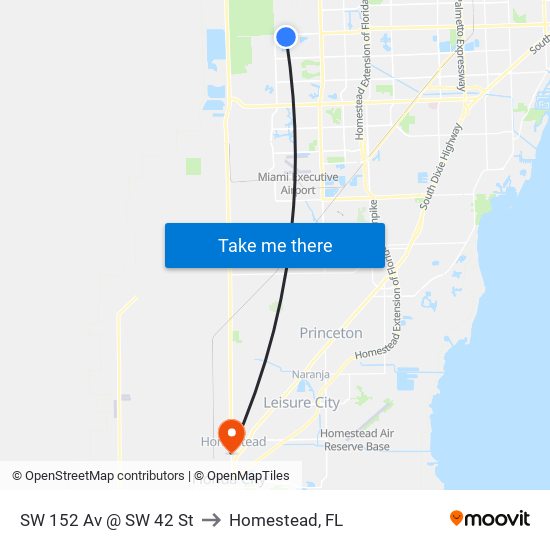 SW 152 Av @ SW 42 St to Homestead, FL map