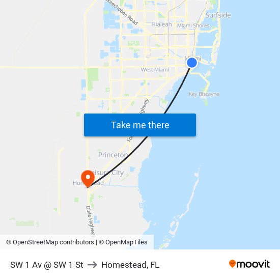 SW 1 Av @ SW 1 St to Homestead, FL map