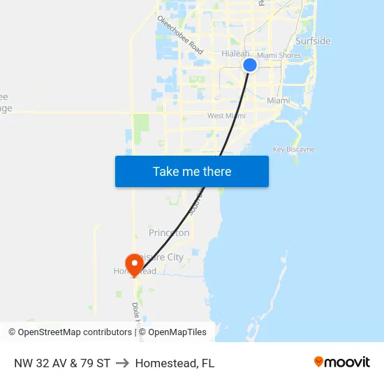Nw 32 Av & 79 St to Homestead, FL map