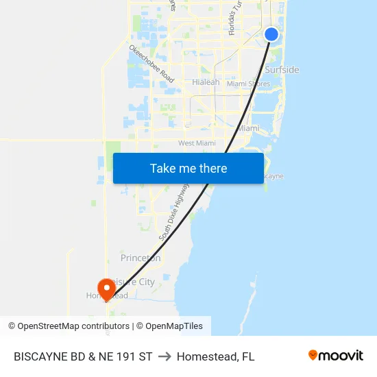 Biscayne Bd & Ne 191 St to Homestead, FL map