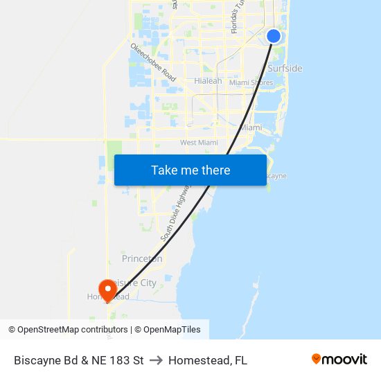 Biscayne Bd & NE 183 St to Homestead, FL map