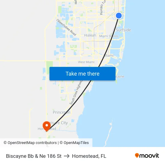 Biscayne Bb & Ne 186 St to Homestead, FL map