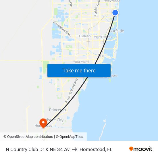 N Country Club Dr & NE 34 Av to Homestead, FL map