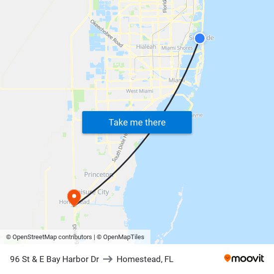 96 St & E Bay Harbor Dr to Homestead, FL map