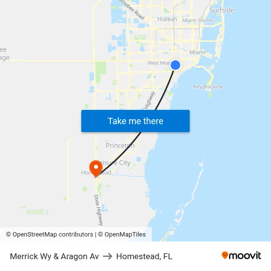 Merrick Wy & Aragon Av to Homestead, FL map