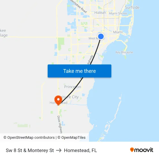Sw 8 St & Monterey St to Homestead, FL map