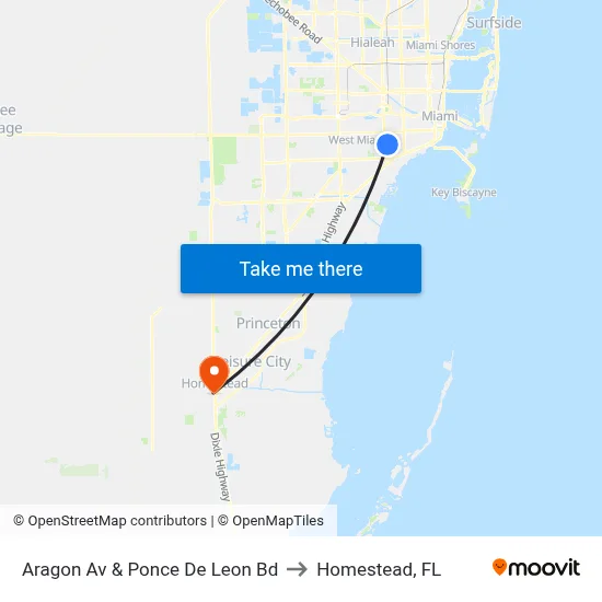 Aragon Av & Ponce De Leon Bd to Homestead, FL map