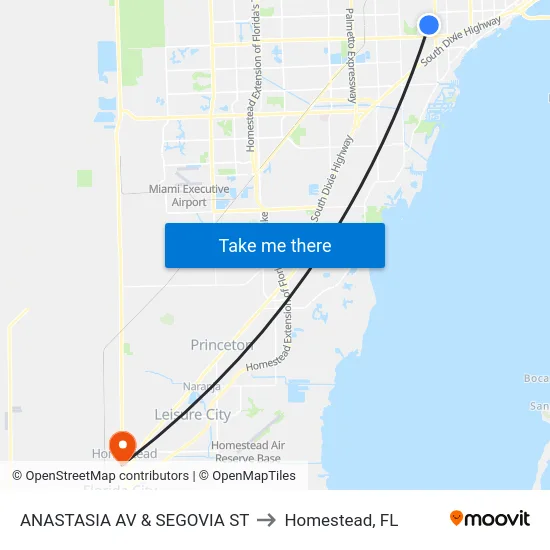 Anastasia Av & Segovia St to Homestead, FL map