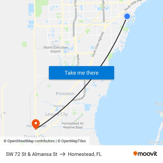 SW 72 St & Almansa St to Homestead, FL map