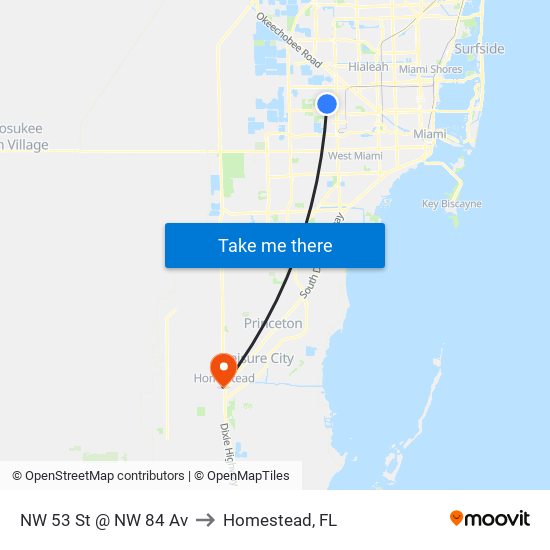 NW 53 St @ NW 84 Av to Homestead, FL map