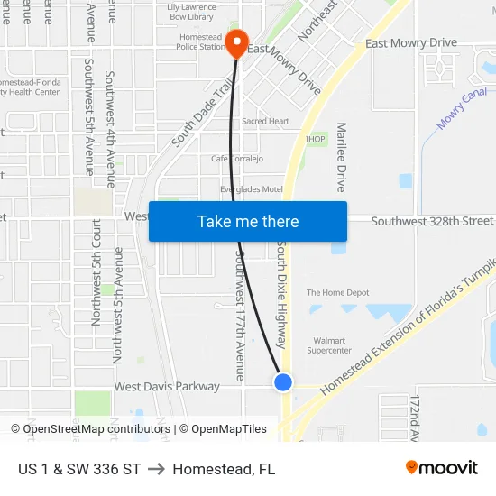 Us 1 & Sw 336 St to Homestead, FL map