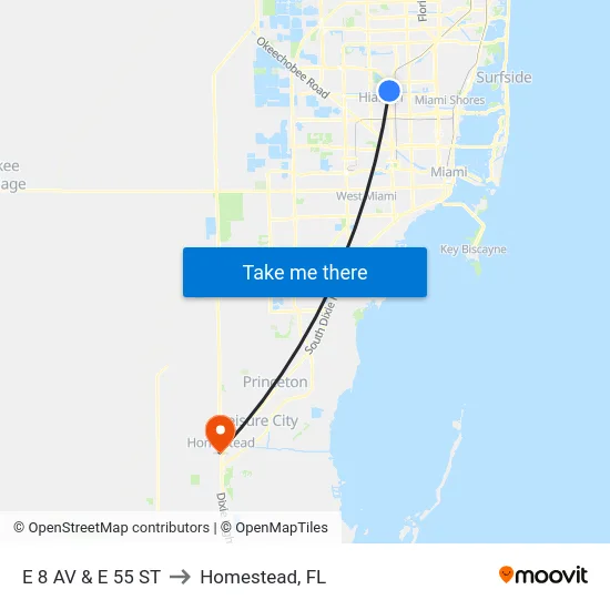 E 8 Av & E 55 St to Homestead, FL map