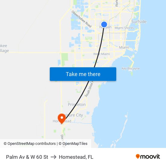 Palm Av & W 60 St to Homestead, FL map