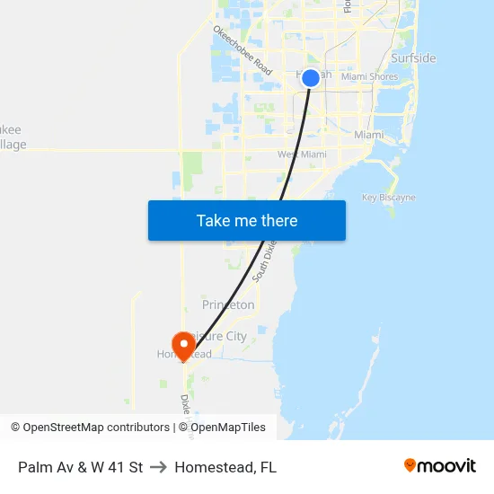 Palm Av & W 41 St to Homestead, FL map