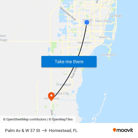 Palm Av & W 37 St to Homestead, FL map
