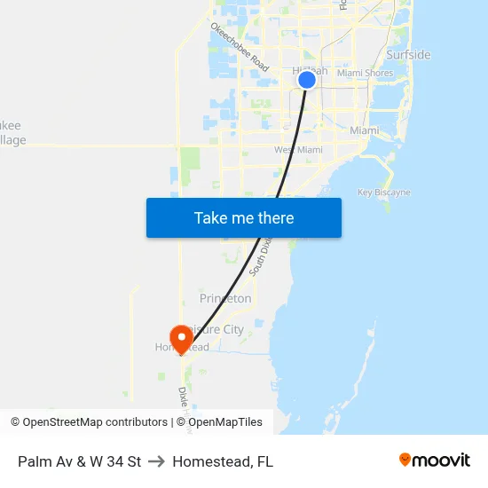 Palm Av & W 34 St to Homestead, FL map