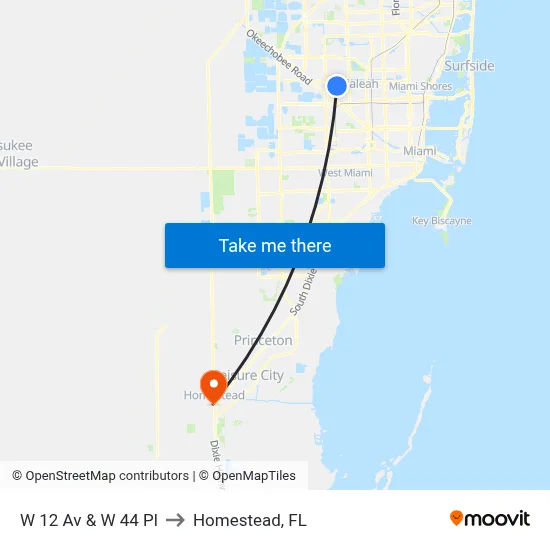 W 12 Av & W 44 Pl to Homestead, FL map