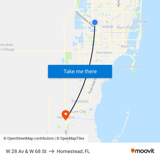 W 28 Av & W 68 St to Homestead, FL map