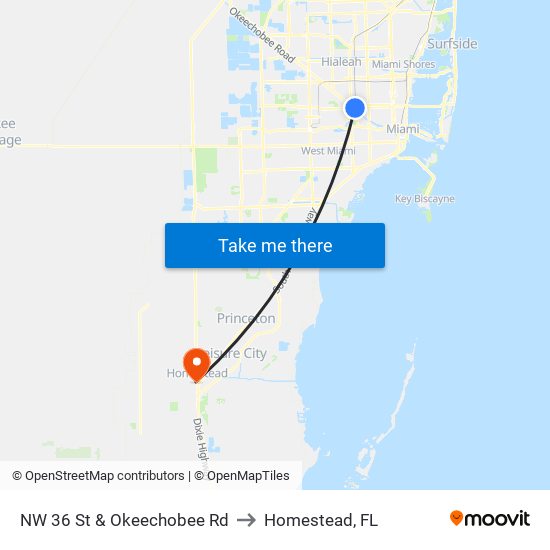 NW 36 St & Okeechobee Rd to Homestead, FL map