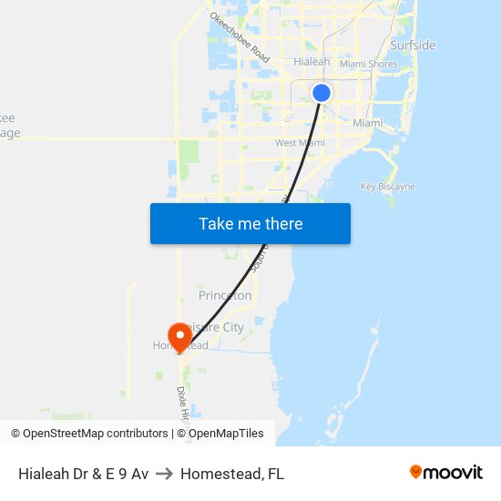 Hialeah Dr & E 9 Av to Homestead, FL map