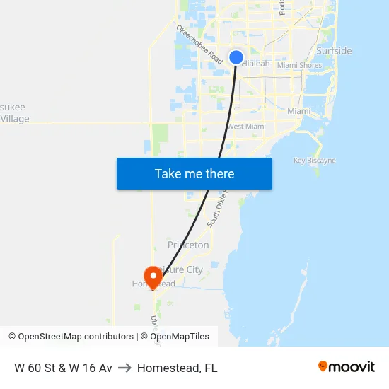 W 60 St & W 16 Av to Homestead, FL map