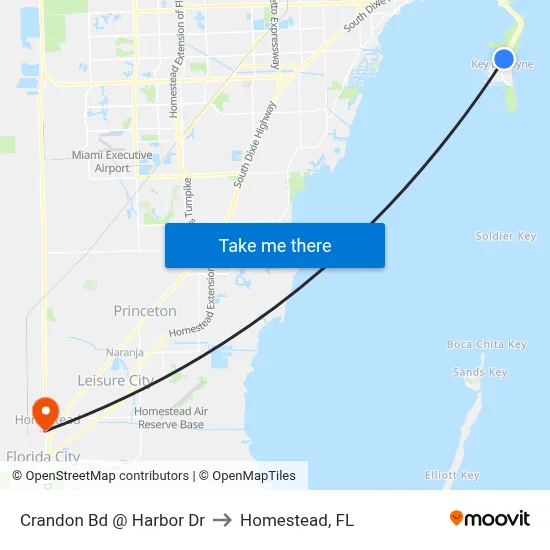 Crandon Bd @ Harbor Dr to Homestead, FL map