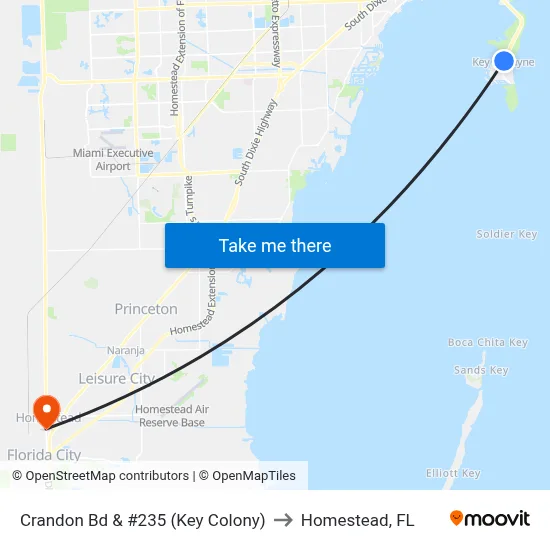 Crandon Bd & #235 (Key Colony) to Homestead, FL map