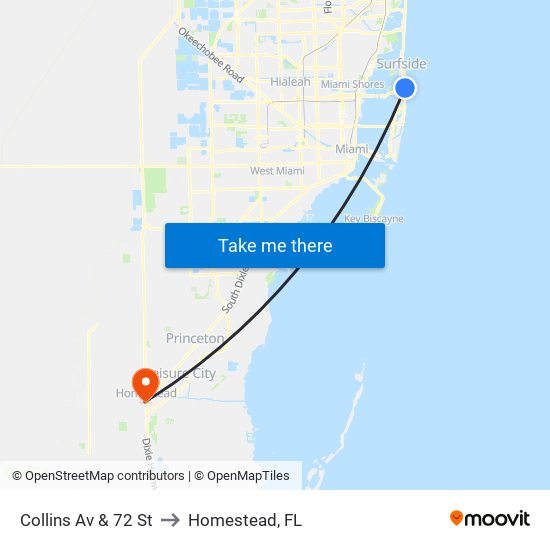 Collins Av & 72 St to Homestead, FL map