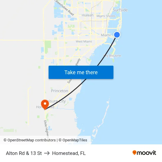 Alton Rd & 13 St to Homestead, FL map
