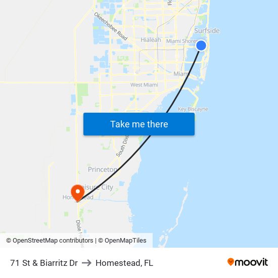 71 St & Biarritz Dr to Homestead, FL map