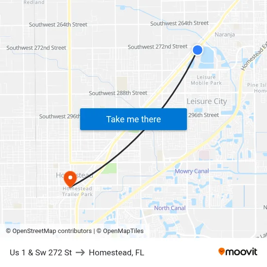 Us 1 & Sw 272 St to Homestead, FL map