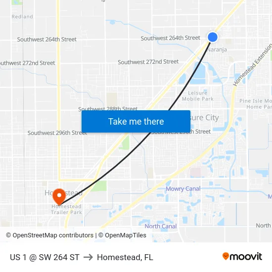 Us 1 @ Sw 264 St to Homestead, FL map