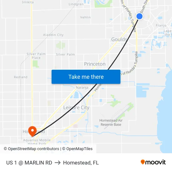 Us 1 @ Marlin Rd to Homestead, FL map
