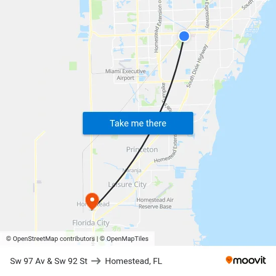 Sw 97 Av & Sw 92 St to Homestead, FL map