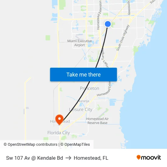 Sw 107 Av @ Kendale Bd to Homestead, FL map