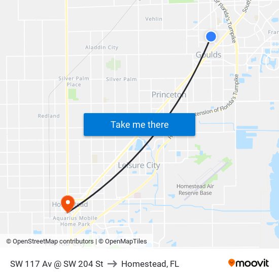 SW 117 Av @ SW 204 St to Homestead, FL map