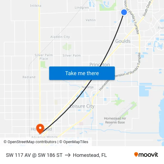 Sw 117 Av @ Sw 186 St to Homestead, FL map